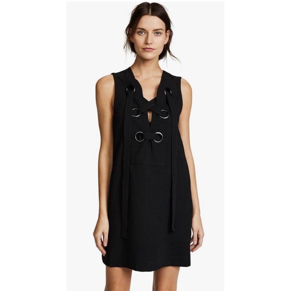 English Factory Lace Up Front Dress Black Sleeveless Dress Shift Classic Size M